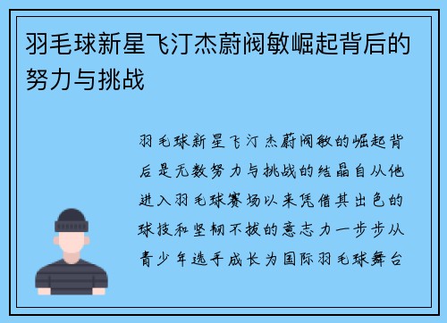 羽毛球新星飞汀杰蔚阀敏崛起背后的努力与挑战