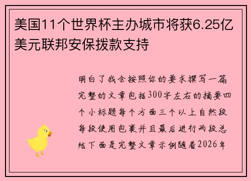 美国11个世界杯主办城市将获6.25亿美元联邦安保拨款支持 美国11个世界杯主办城市将获6.25亿美元联邦安保拨款支持